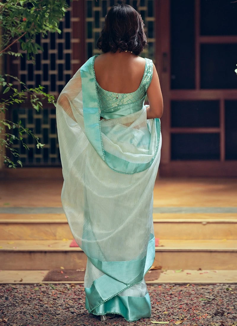 Sky Blue Organza Saree Party Wear 6 Sky Blue Organza Saree Party Wear - Image 4