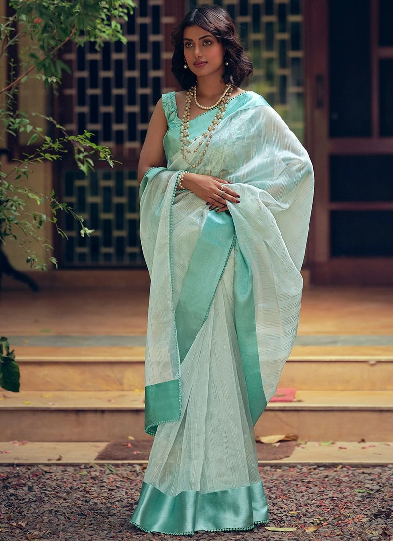 Sky Blue Organza Saree Party Wear 5 Sky Blue Organza Saree Party Wear - Image 3