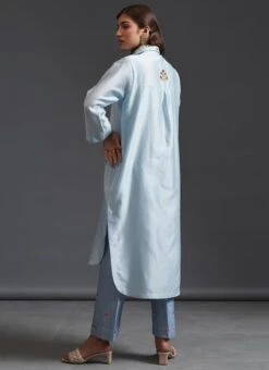 Sky Blue Pure Chanderi Silk Embroidered Kurta Semi Palazzo Set Party Wear -ZariGrace Shop sky blue pure chanderi silk embroidered kurta semi palazzo set krsdvcsvks34 b