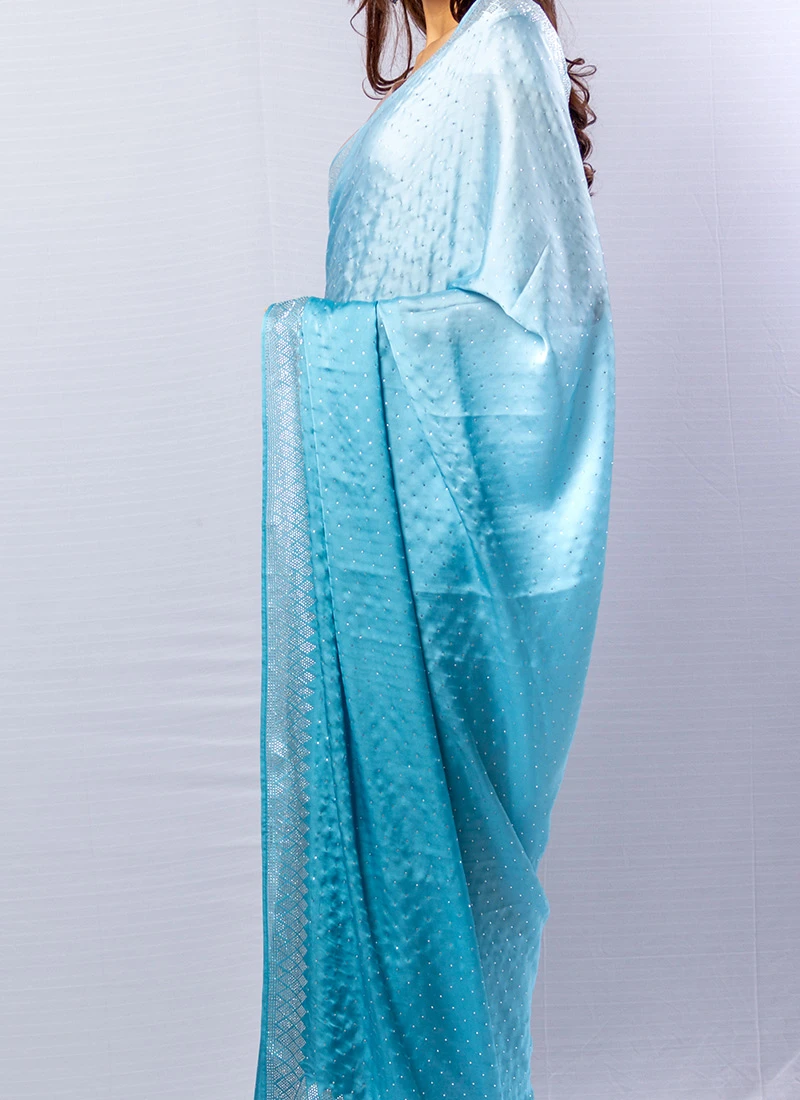 Sky Blue Pure Satin Saree Party Wear 3 Sky Blue Pure Satin Saree Party Wear