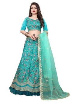 Sky Blue Satin Embroidered N Stones A Line Lehenga Party Wear -ZariGrace Shop sky blue satin embroidered n stones a line lehenga ghsyenmt299 u
