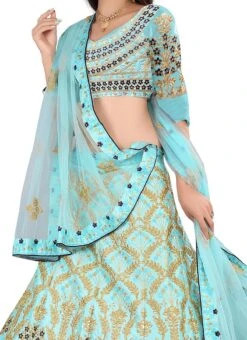 Sky Blue Satin Zari Embroidery A Line Lehenga Party Wear