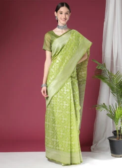 Soft Organza Silk Saree With Zari Weaving Parrot Green Color Festive Wear 8 Soft Organza Silk Saree With Zari Weaving Parrot Green Color Festive Wear -ZariGrace Shop soft organza silk saree with zari weaving parrot green color sasvw363 u