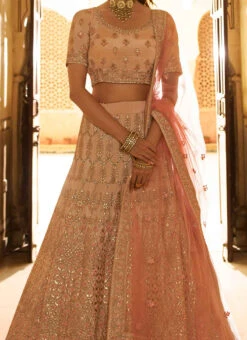 Soft Peach Crepe Embroidered N Stones Umbrella Lehenga Wedding Wear