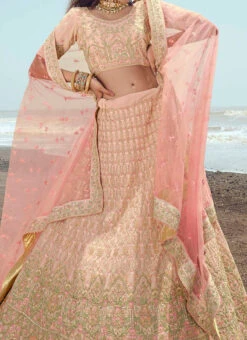 Soft Peach Georgette Heavy Embroidered N Stones Umbrella Lehenga Wedding Wear