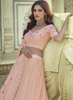 Soft Peach Georgette Sequins Embroidery Umbrella Lehenga Wedding Wear -ZariGrace Shop soft peach georgette sequins embroidery umbrella lehenga ghsli13287706 b