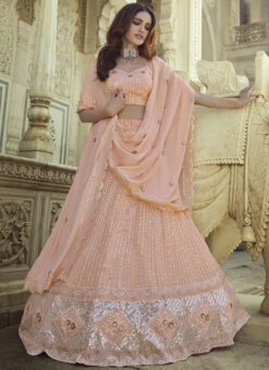 Soft Peach Georgette Sequins Embroidery Umbrella Lehenga Wedding Wear -ZariGrace Shop soft peach georgette sequins embroidery umbrella lehenga ghsli13287706 u