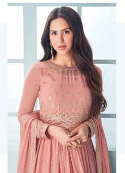 Sonam Bajwa Peach Faux Georgette Sequins Anarkali Suit Party Wear -ZariGrace Shop sonam bajwa peach faux georgette sequins anarkali suit slsacw7344 b