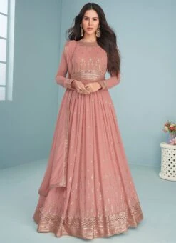 Sonam Bajwa Peach Faux Georgette Sequins Anarkali Suit Party Wear -ZariGrace Shop sonam bajwa peach faux georgette sequins anarkali suit slsacw7344 u