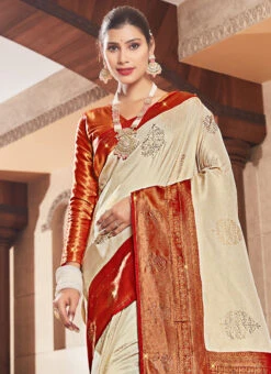 Stone Brocade Work Cream Color Banarasi Silk Saree Festive Wear -ZariGrace Shop stone brocade work cream color banarasi silk saree sasaz15024 b