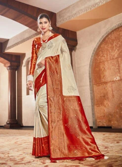 Stone Brocade Work Cream Color Banarasi Silk Saree Festive Wear -ZariGrace Shop stone brocade work cream color banarasi silk saree sasaz15024 u