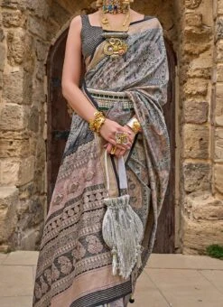 Stone Grey Art Silk Printed Saree Festive Wear