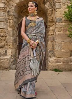 Stone Grey Art Silk Printed Saree Festive Wear -ZariGrace Shop stone grey art silk printed saree sasli2222948 u