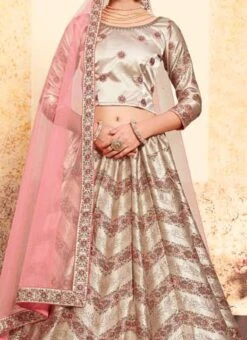 Tan Beige Satin Embroidered Umbrella Lehenga Wedding Wear