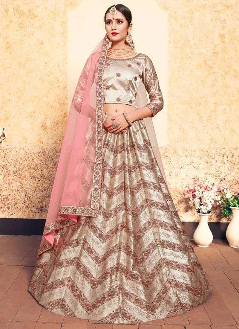 Tan Beige Satin Embroidered Umbrella Lehenga Wedding Wear 5 Tan Beige Satin Embroidered Umbrella Lehenga Wedding Wear - Image 3