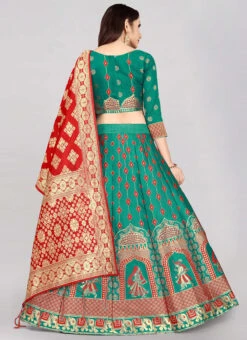 Teal Banarasi Silk Brocade Work A Line Lehenga Choli Festive Wear -ZariGrace Shop teal banarasi silk brocade work a line lehenga choli ghsommr2596 b