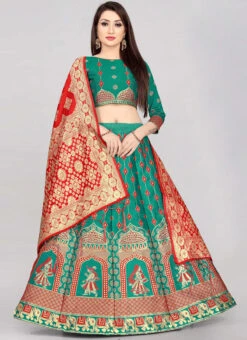 Teal Banarasi Silk Brocade Work A Line Lehenga Choli Festive Wear -ZariGrace Shop teal banarasi silk brocade work a line lehenga choli ghsommr2596 u