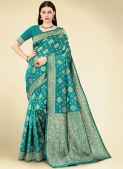 Teal Blue Banarasi Silk Woven Work Saree Festive Wear -ZariGrace Shop teal blue banarasi silk woven work saree sasacw5783 u