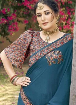 Teal Blue Chinon Digital Printed Saree Festive Wear -ZariGrace Shop teal blue chinon digital printed saree sasacu8452 b