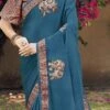 Teal Blue Chinon Digital Printed Saree Festive Wear