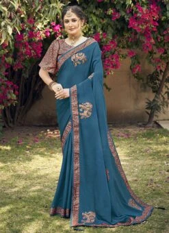 Teal Blue Chinon Digital Printed Saree Festive Wear -ZariGrace Shop teal blue chinon digital printed saree sasacu8452 u
