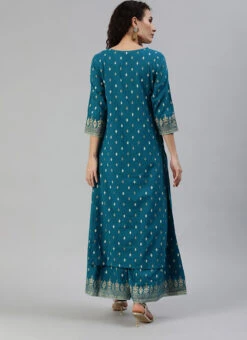 Teal Blue Cotton Zari Work Kurta Palazzo Set Party Wear -ZariGrace Shop teal blue cotton zari work kurta palazzo set krshcqr3017 b
