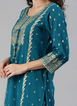 Teal Blue Cotton Zari Work Kurta Palazzo Set Party Wear