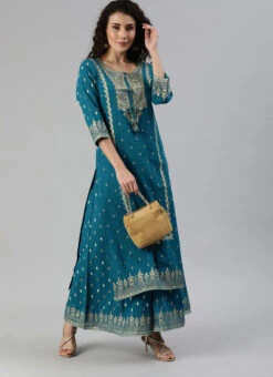 Teal Blue Cotton Zari Work Kurta Palazzo Set Party Wear -ZariGrace Shop teal blue cotton zari work kurta palazzo set krshcqr3017 u