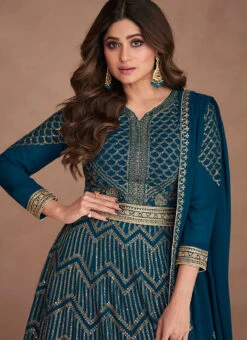 Shamita Shetty Teal Blue Georgette Embroidered Anarkali Suit Party Wear -ZariGrace Shop teal blue georgette embroidered anarkali suit slska44259545 b