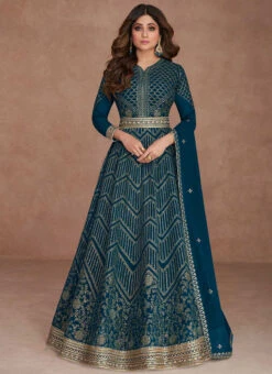 Shamita Shetty Teal Blue Georgette Embroidered Anarkali Suit Party Wear -ZariGrace Shop teal blue georgette embroidered anarkali suit slska44259545 u