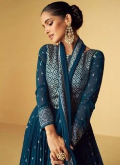 Teal Blue Georgette Embroidery Anarkali Suit Party Wear -ZariGrace Shop teal blue georgette embroidery anarkali suit slska41159359 b