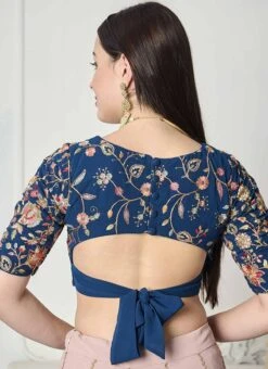 Teal Blue Gerogette Embroidered Blouse Festive Wear -ZariGrace Shop teal blue gerogette embroidered blouse BLBS02307616 b