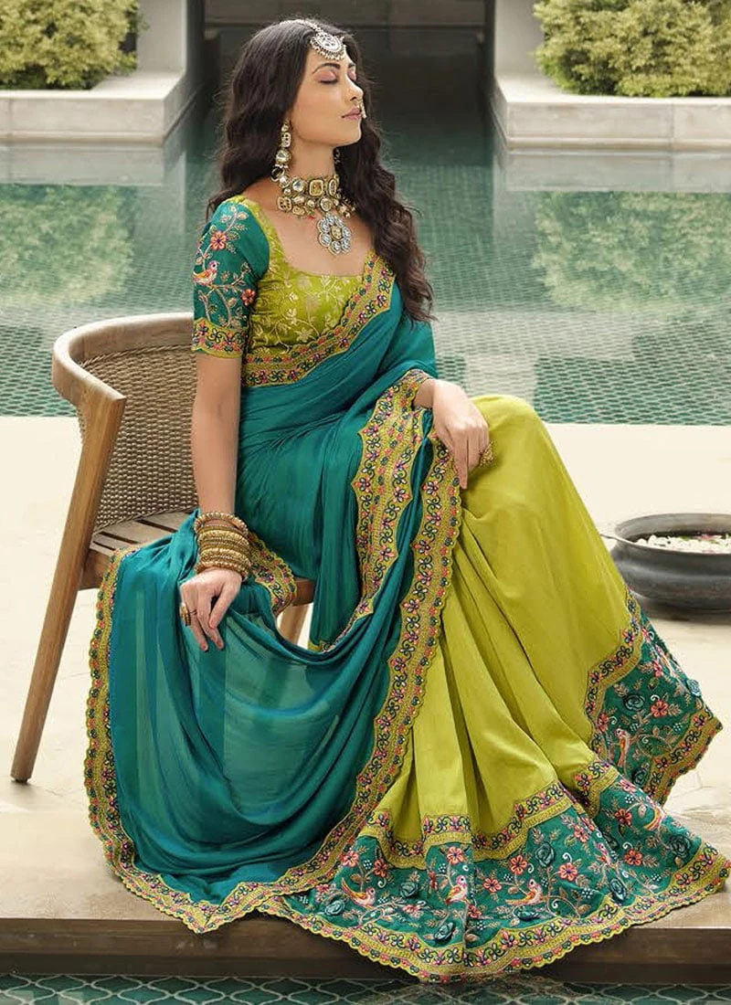 Teal Blue N Green Silk Zari Embroidery Work Half N Half Saree Party Wear 6 Teal Blue N Green Silk Zari Embroidery Work Half N Half Saree Party Wear - Image 4