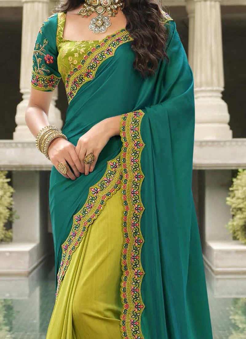 Teal Blue N Green Silk Zari Embroidery Work Half N Half Saree Party Wear 3 Teal Blue N Green Silk Zari Embroidery Work Half N Half Saree Party Wear