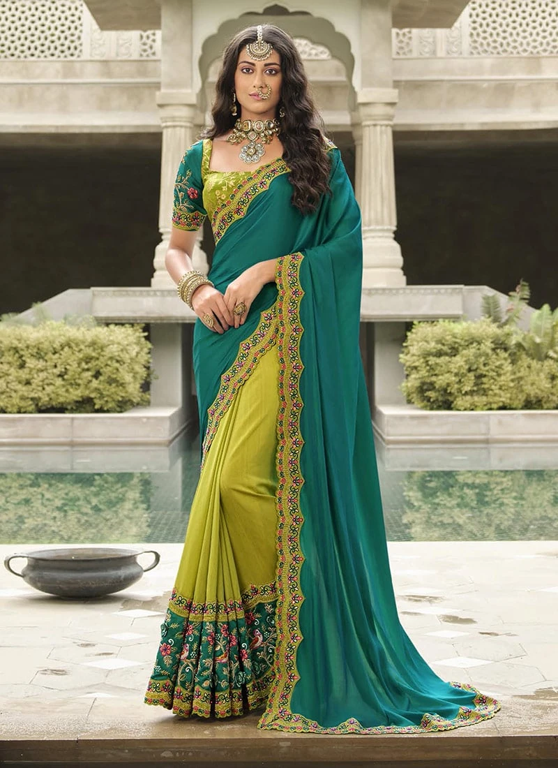 Teal Blue N Green Silk Zari Embroidery Work Half N Half Saree Party Wear 5 Teal Blue N Green Silk Zari Embroidery Work Half N Half Saree Party Wear - Image 3