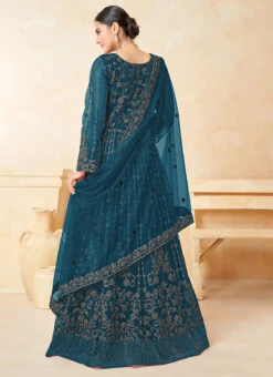 Teal Blue Net Embroidered Anarkali Suit Party Wear -ZariGrace Shop teal blue net embroidered anarkali suit slsdc10081 b