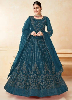 Teal Blue Net Embroidered Anarkali Suit Party Wear -ZariGrace Shop teal blue net embroidered anarkali suit slsdc10081 u