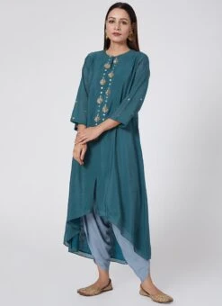 Teal Blue Pure Chanderi Silk Embroidered Kurta Dhoti Set Party Wear -ZariGrace Shop teal blue pure chanderi silk embroidered kurta dhoti set krsdvcsvks44 u