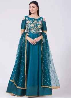 Teal Blue Pure Silk Hand Embroidery Anarkali Suit Party Wear -ZariGrace Shop teal blue pure silk hand embroidery anarkali suit sldvcsvak188 u