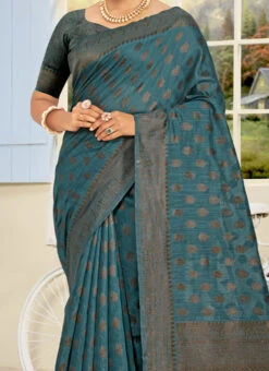 Teal Cotton Silk Weaving Work Saree Festive Wear