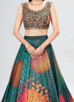 Teal Green Art Silk Digital Printed A Line Lehenga Party Wear