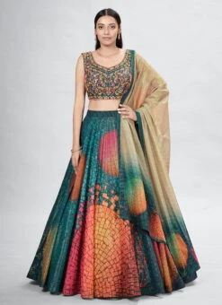 Teal Green Art Silk Digital Printed A Line Lehenga Party Wear -ZariGrace Shop teal green art silk digital printed a line lehenga ghsdrs4102 u