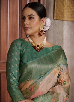 Teal Green Cotton Silk Woven Printed Work Saree Festive Wear -ZariGrace Shop teal green cotton silk woven printed work saree sasacw5000 b