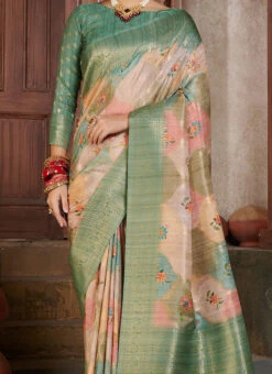 Teal Green Cotton Silk Woven Printed Work Saree Festive Wear