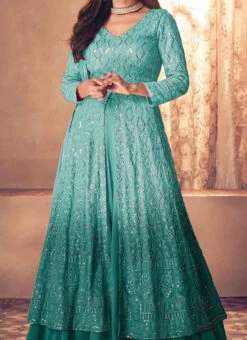 Teal Green Georgette Sequins Embroidery Anarkali Lehenga Party Wear