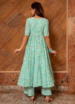 Turquoise Color Pure Cotton Printed Anarkali Suit Party Wear -ZariGrace Shop teal green pure cotton printed anarkali suit sljpjrb01c b
