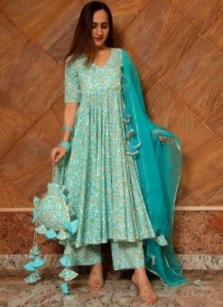 Turquoise Color Pure Cotton Printed Anarkali Suit Party Wear -ZariGrace Shop teal green pure cotton printed anarkali suit sljpjrb01c u