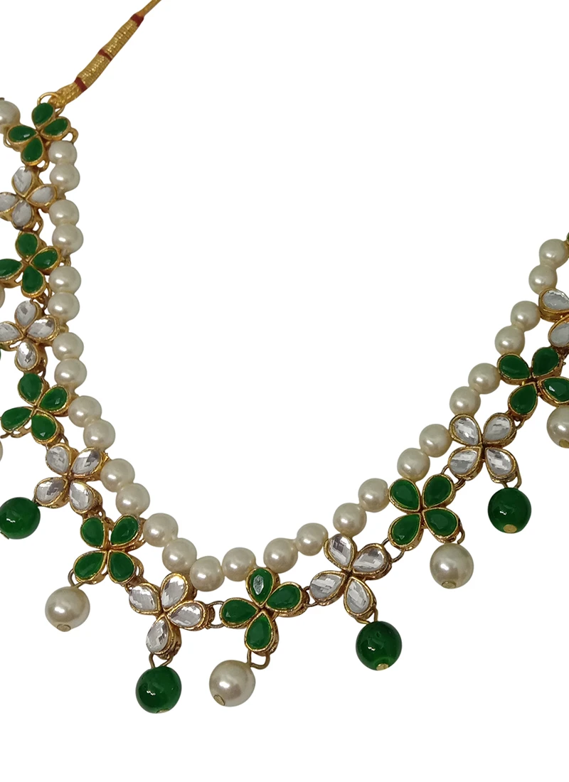 Traditional Dark Green N White Long Necklace Set Party Wear 3 Traditional Dark Green N White Long Necklace Set Party Wear