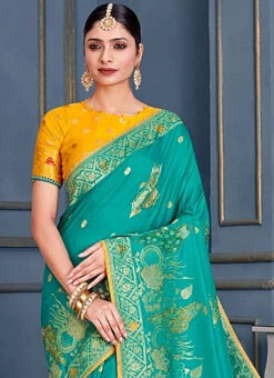 Turquoise Art Silk Zari Saree After Six Wear -ZariGrace Shop turquoise art silk zari saree samknsr131 b