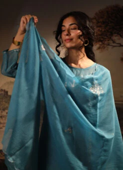 Turquoise Blue Chanderi Silk Embroidered Dupatta Party Wear -ZariGrace Shop turquoise blue chanderi silk embroidered dupatta dpbadcsdutq01 b
